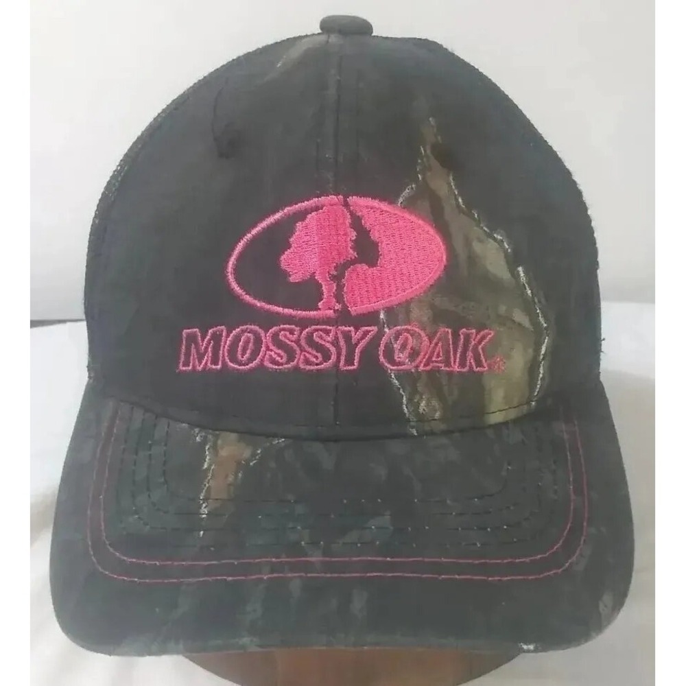 Womens Cap Hat Mossy‎ Oak Strap Back Mesh Black Pink Camo Embroidered Logo